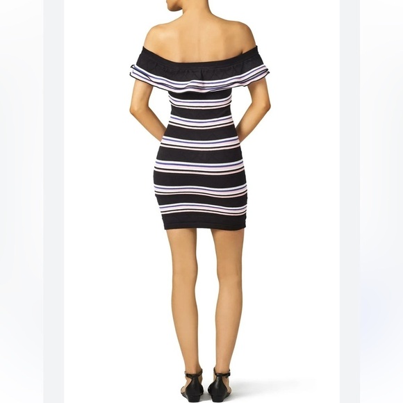 Gianni Bini Black, Blue, White, Burgundy Striped Ruffle Off the Shoulder Dress - Picture 2 of 16